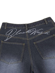 Washed Ripped Embroidered Barrel Jeans