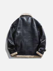 Zipper Lapel PU Borg Jacket