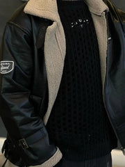 Zipper Lapel PU Borg Jacket
