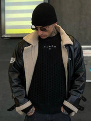 Zipper Lapel PU Borg Jacket