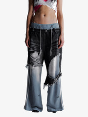 Double-Waistband Denim Patchwork Ripped Casual Pants
