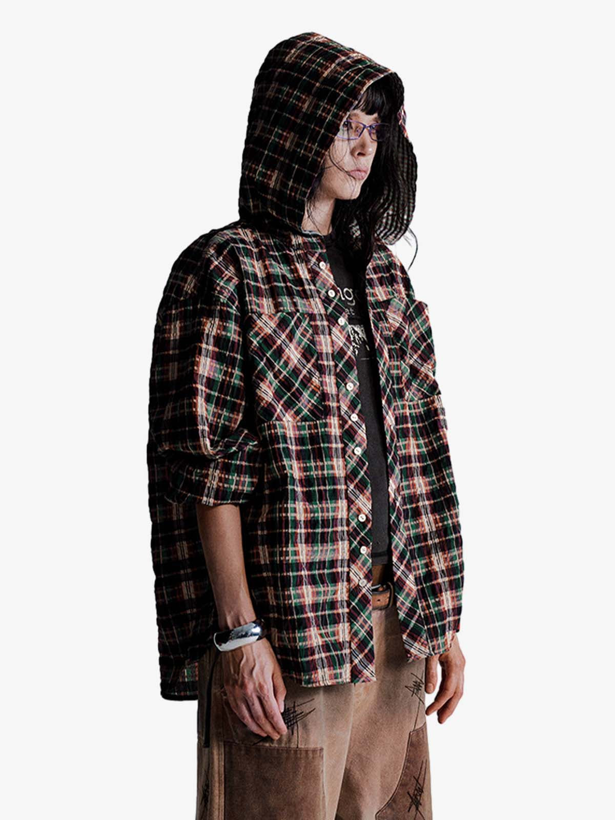 Retro Plaid Patchwork Hooded Work Shirt