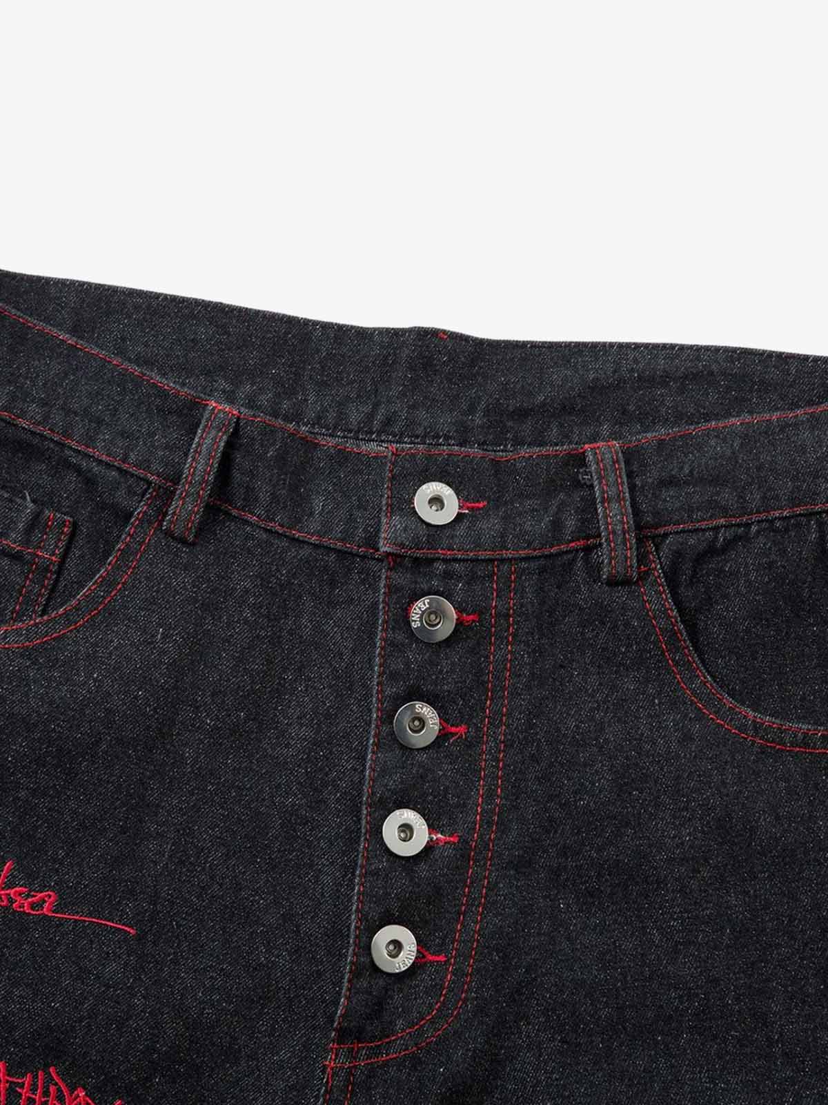Contrast Thread Cross Letter Embroidered Jeans