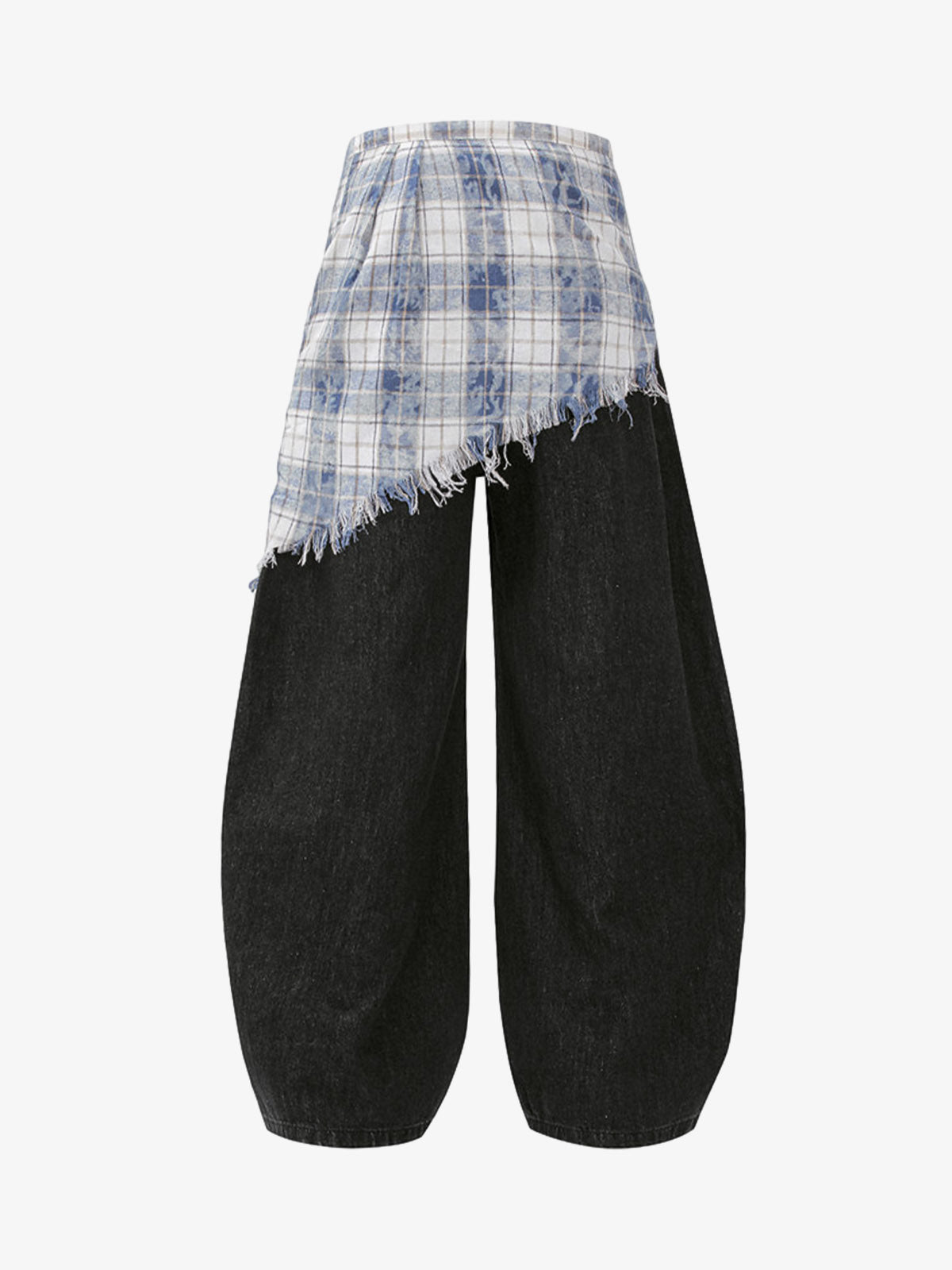 Layered Plaid Shirt-Tied Waist Barrel Jeans