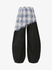 Layered Plaid Shirt-Tied Waist Barrel Jeans