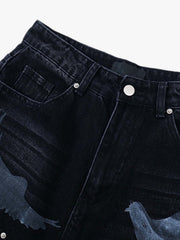 Distressed Dove-Print Denim Jort