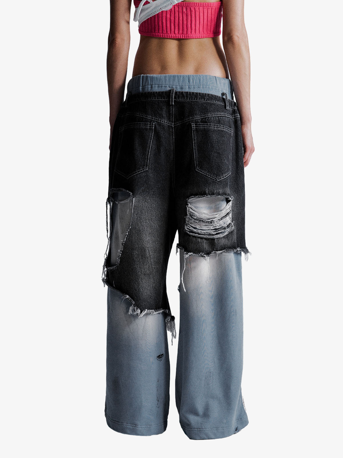 Double-Waistband Denim Patchwork Ripped Casual Pants