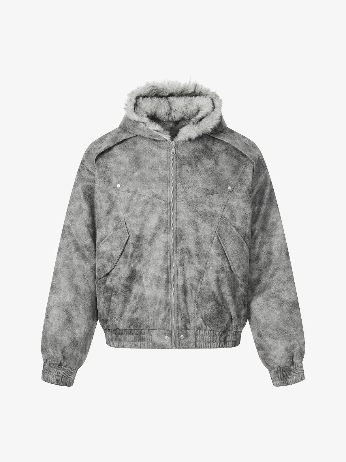 Faux Suede Vintage Wash Fur Hood Padded Jacket