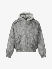 Faux Suede Vintage Wash Fur Hood Padded Jacket