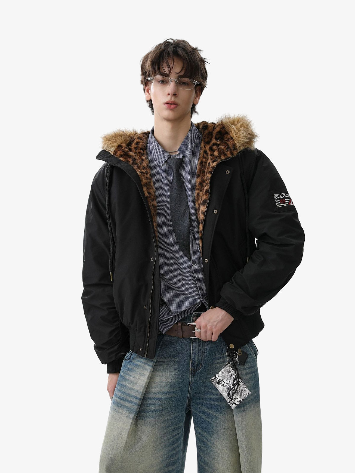 Retro Leopard Print Fur Collar Hooded Padded Jacket