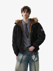 Retro Leopard Print Fur Collar Hooded Padded Jacket