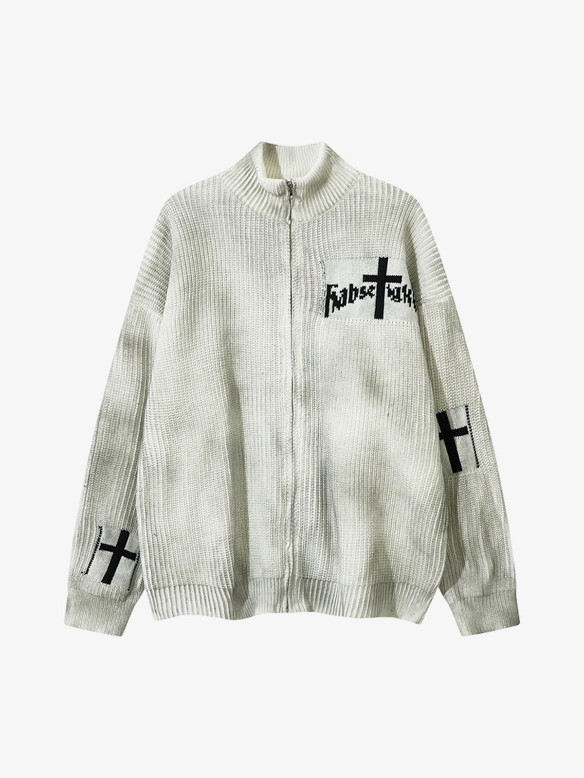 Ribbed Knit Dirty Dyed Embroidery Cross Sweater