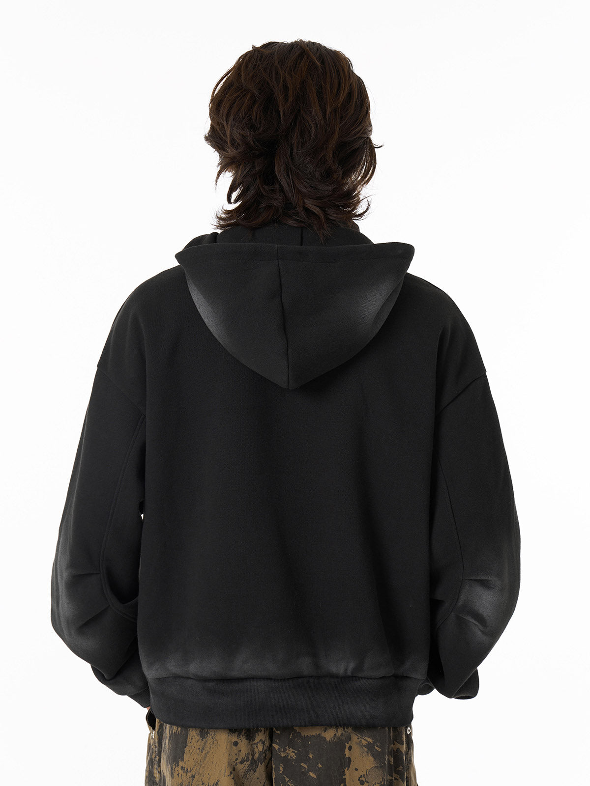 Distressed Stand Collar Quarter Zip Stitching Spray Paint Hooded Sweatshirt