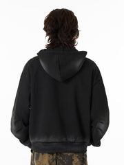 Distressed Stand Collar Quarter Zip Stitching Spray Paint Hooded Sweatshirt