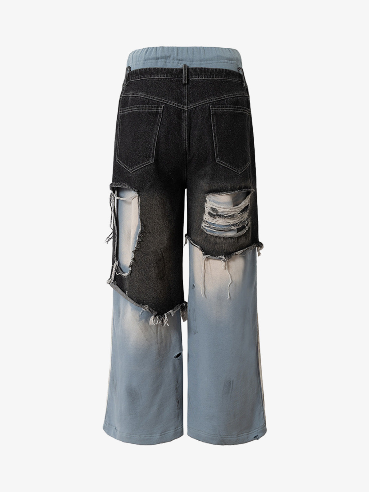 Double-Waistband Denim Patchwork Ripped Casual Pants