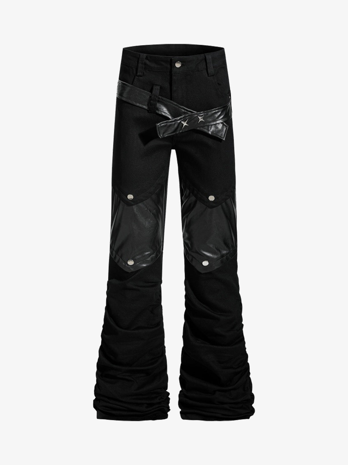 Vintage Heavy Pleated PU Leather Stitch Patchwork Flared Pants