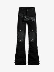 Vintage Heavy Pleated PU Leather Stitch Patchwork Flared Pants