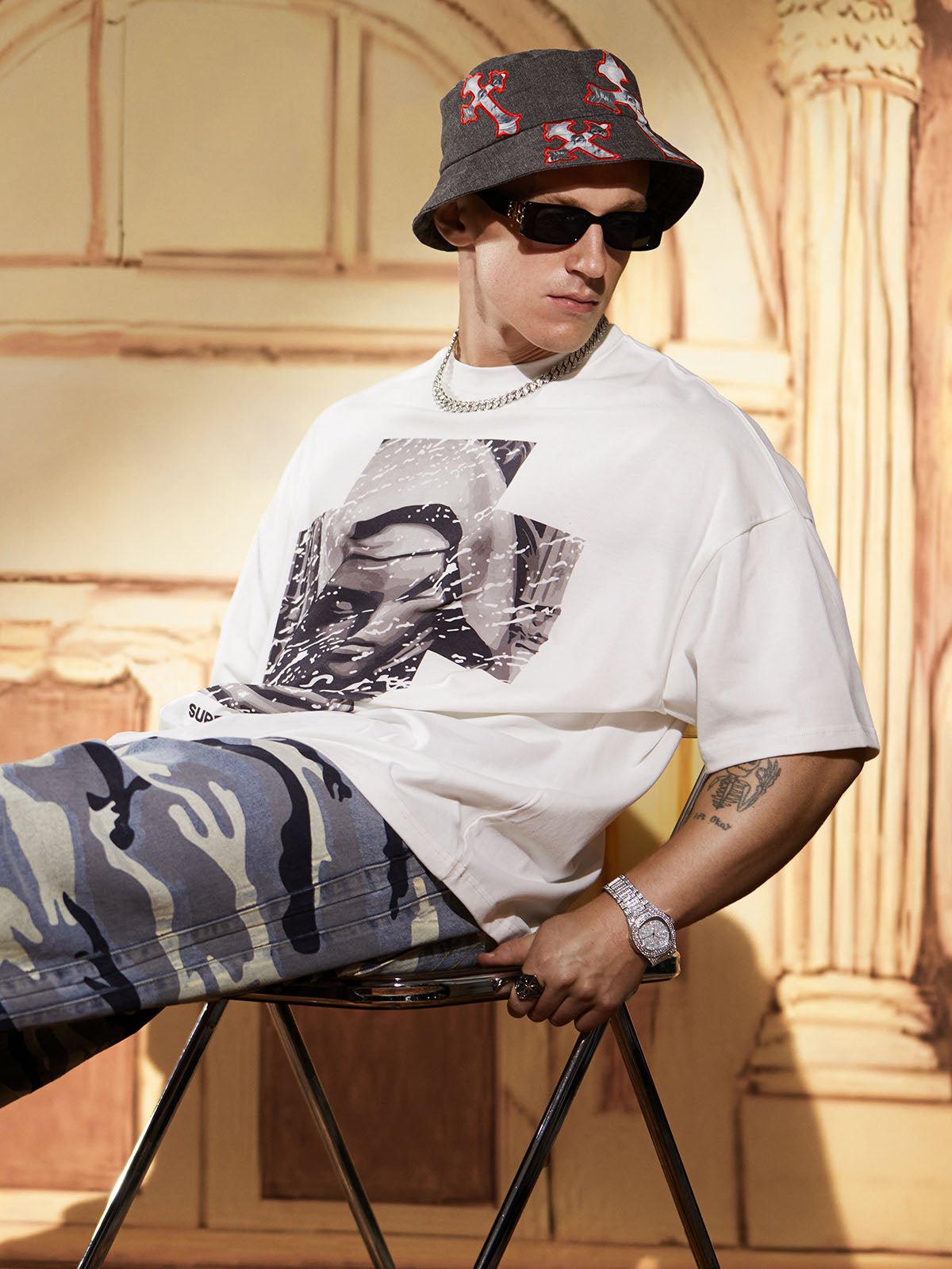 Cross And Portrait Denim Bucket Hat
