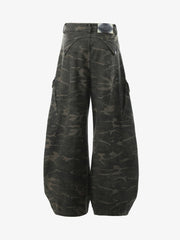 Vintage Camouflage Print Multi-Pocket Cargo Barrel Pants