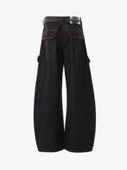 Retro Red Contrast Stitching Pocket Barrel Jeans
