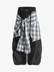 Denim Faux Two-piece Plaid Detachable Scimitar Jeans