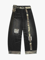 Vintage Washed Ripped Camouflage Patchwork Jeans
