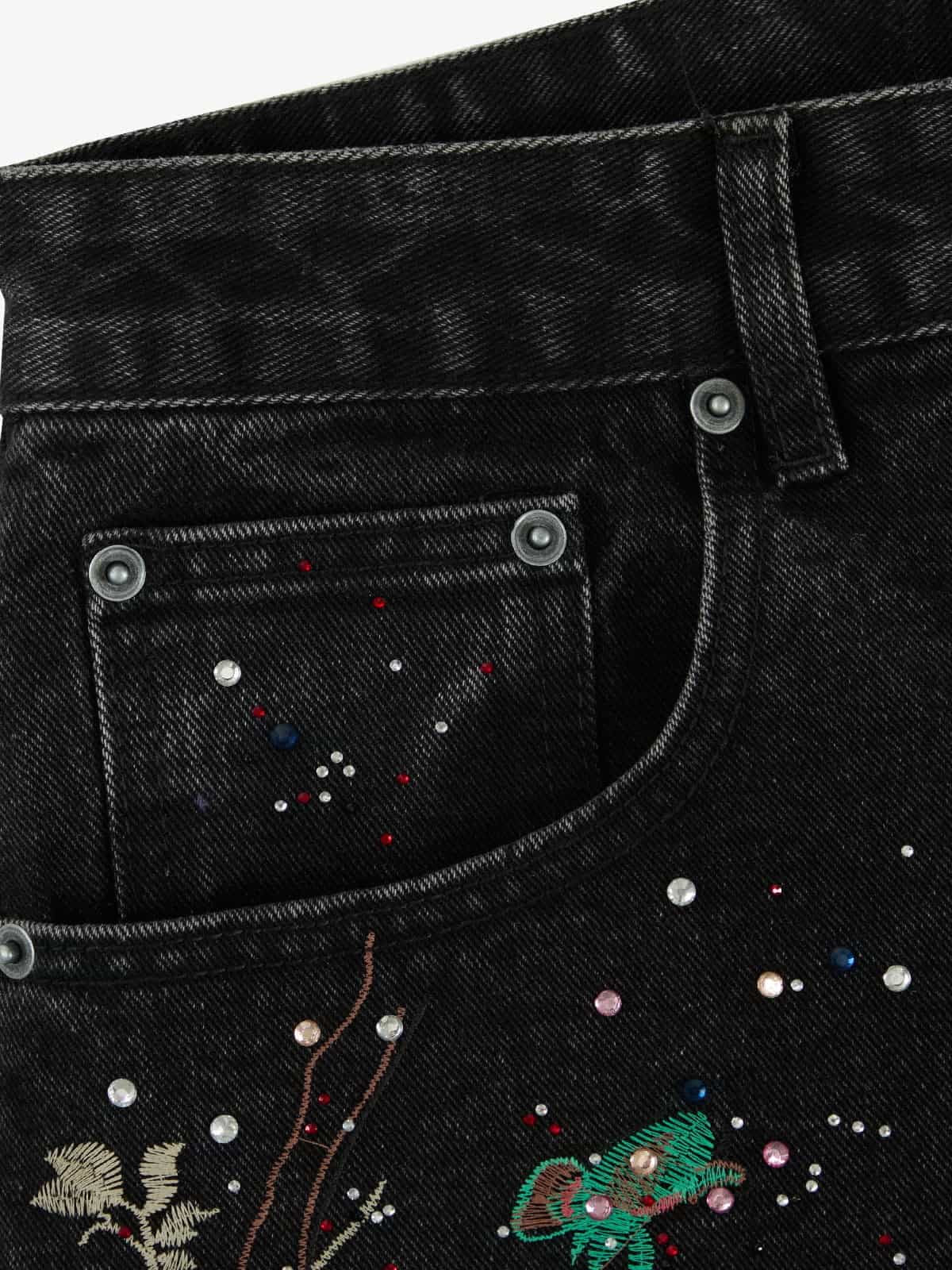 Vintage Floral Embroidery Rhinestone Straight Jeans