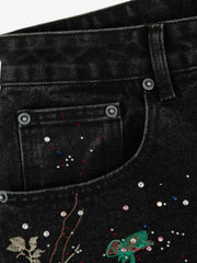 Vintage Floral Embroidery Rhinestone Straight Jeans