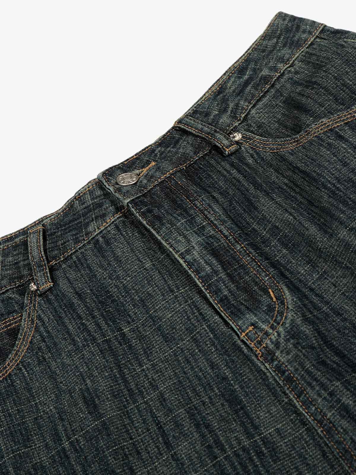 Street Metal Buckle Textured Straight Jeans