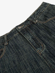 Street Metal Buckle Textured Straight Jeans