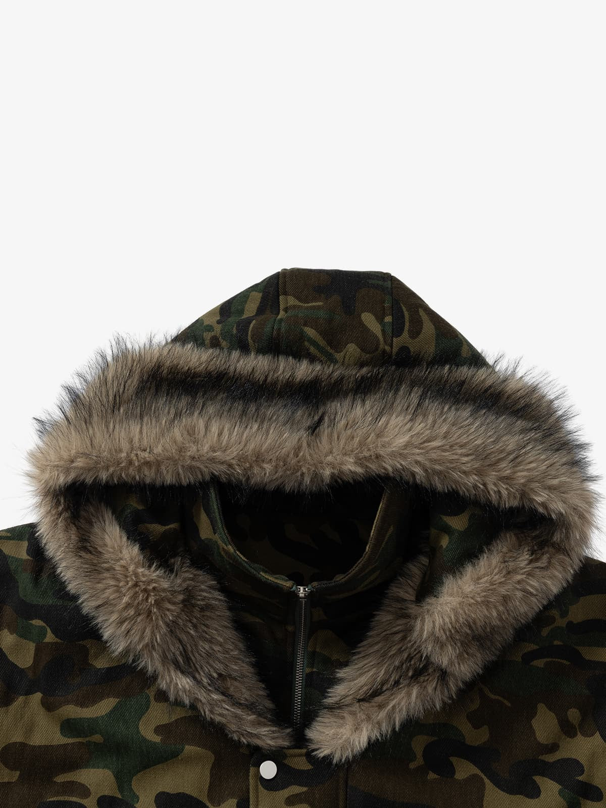 Vintage Camouflage Fur Collar Quilted Hooded Bomber Jacket