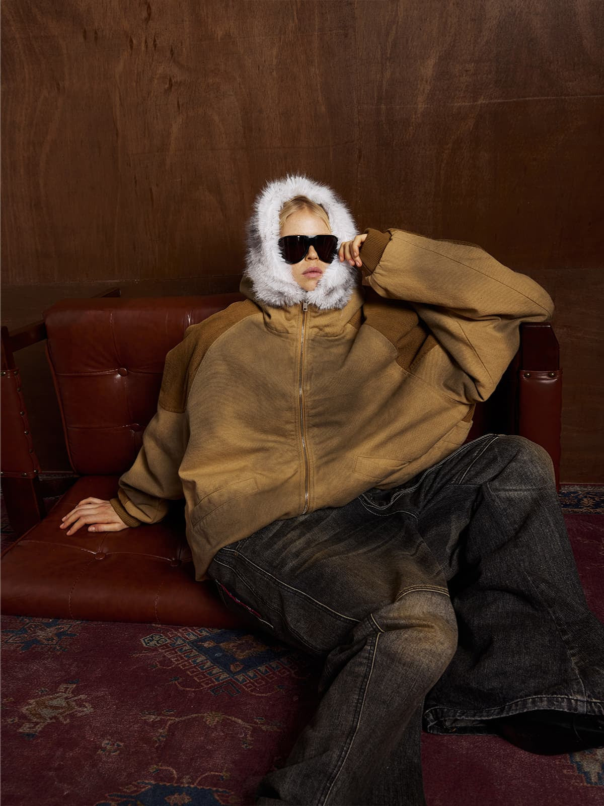 Street Vintage Fog-Dyed Fur Collar Patchwork Hooded Padded Jacket