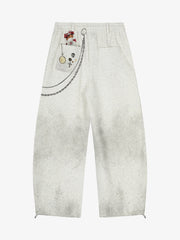 Retro Washed Creative Printed Barrel Pants