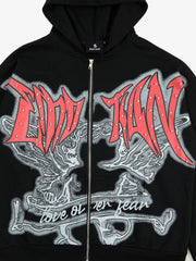 Retro Gothic Print Rhinestone Zip-Up Hoodie