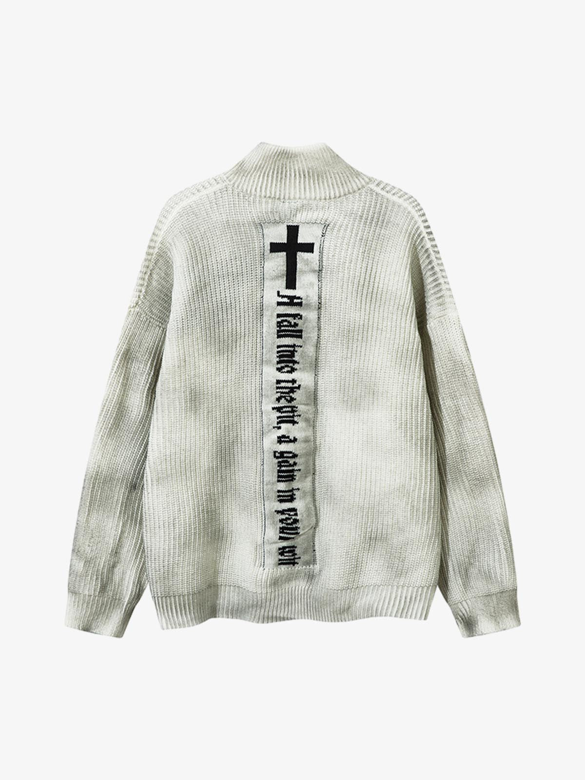 Ribbed Knit Dirty Dyed Embroidery Cross Sweater