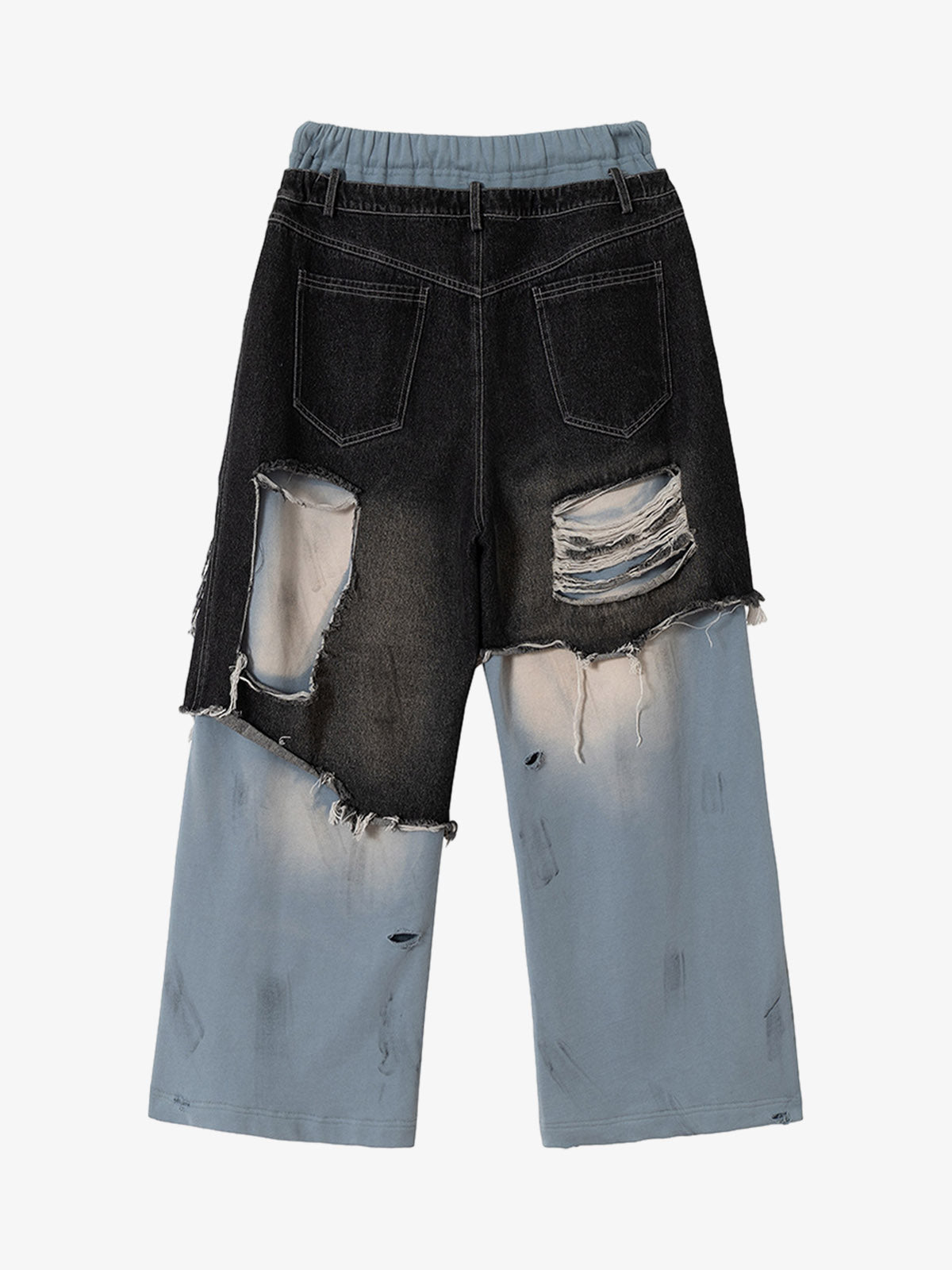 Double-Waistband Denim Patchwork Ripped Casual Pants