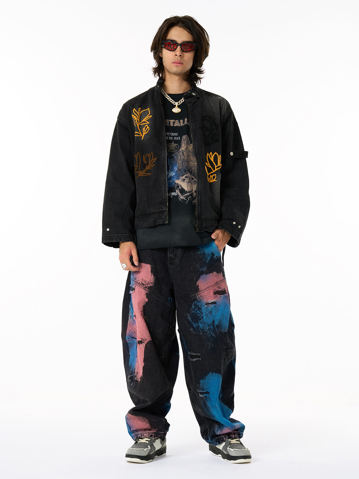 Retro Street Floral Embroidery Washed Zipper Denim Jacket