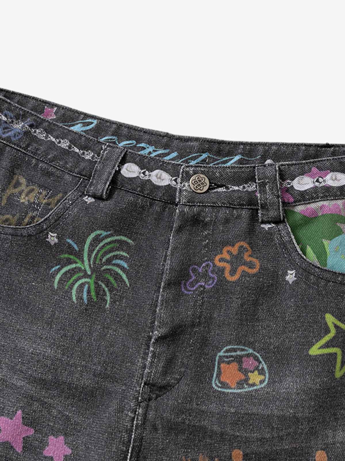 Graffiti Print Cold Transfer Camouflage Layered Cargo Jeans