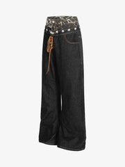 Leopard Star Print Double Waist Tie Jeans