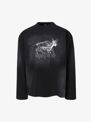 Vintage Washed Goat Print Long Sleeves T-Shirt