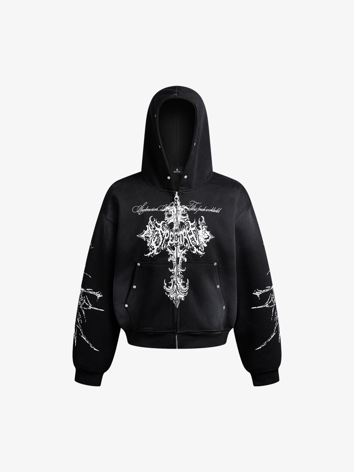 Street Wasteland Washed Cross Print Hooded Sweatshirt