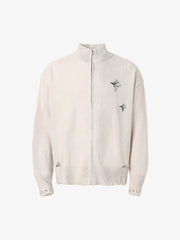 Distressed Ripped-Edge Turtleneck Diamond Star Zipper Knitted Sweater