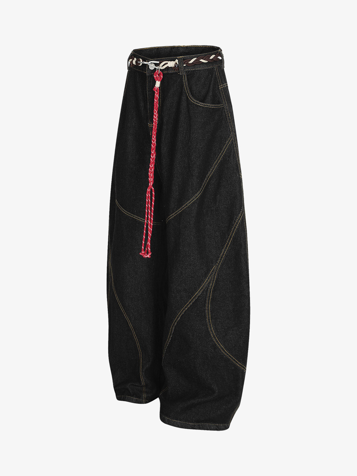 Denim Retro Belt Detail With Patchwork Barrel Jeans