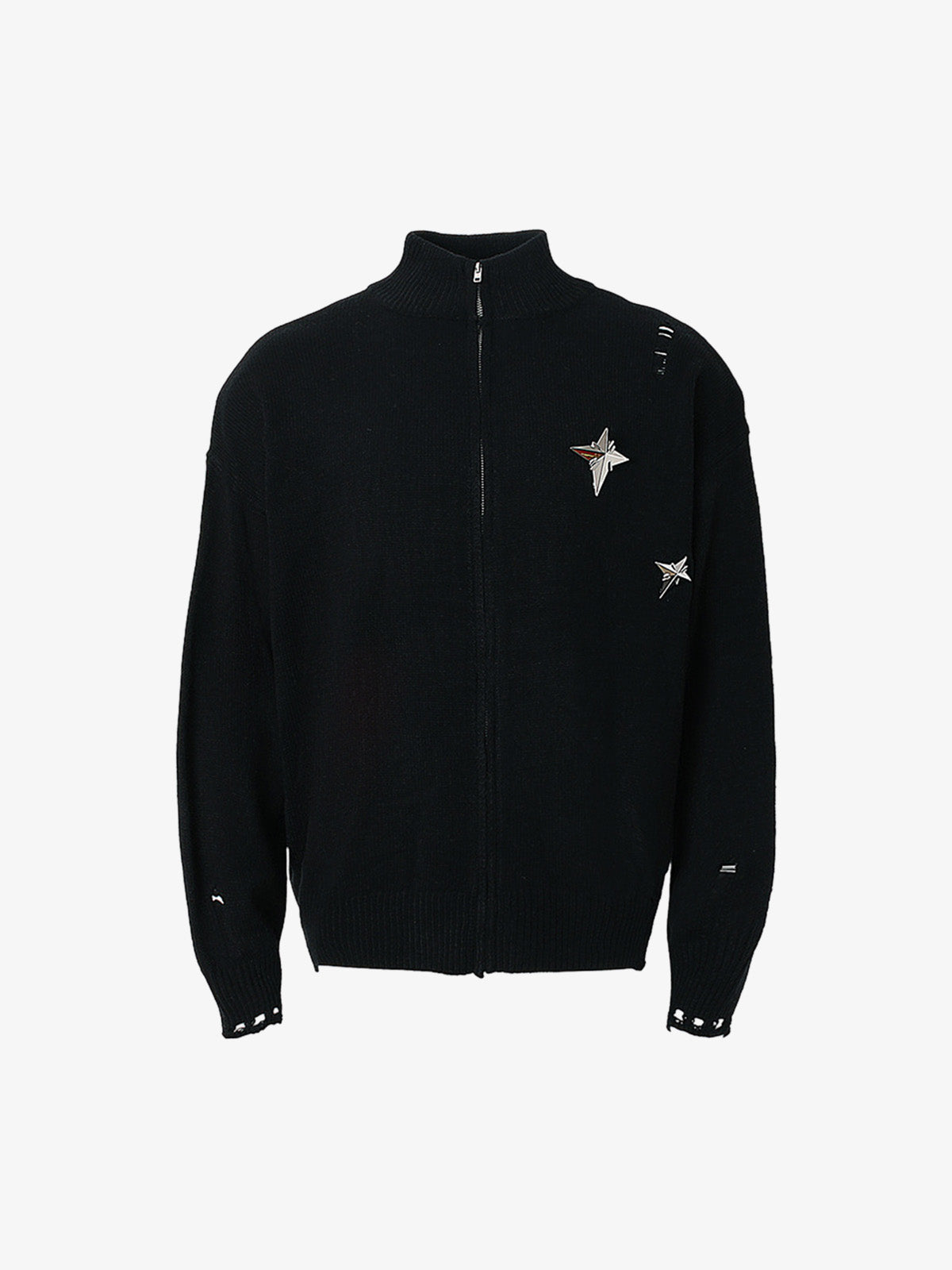 Distressed Ripped-Edge Turtleneck Diamond Star Zipper Knitted Sweater