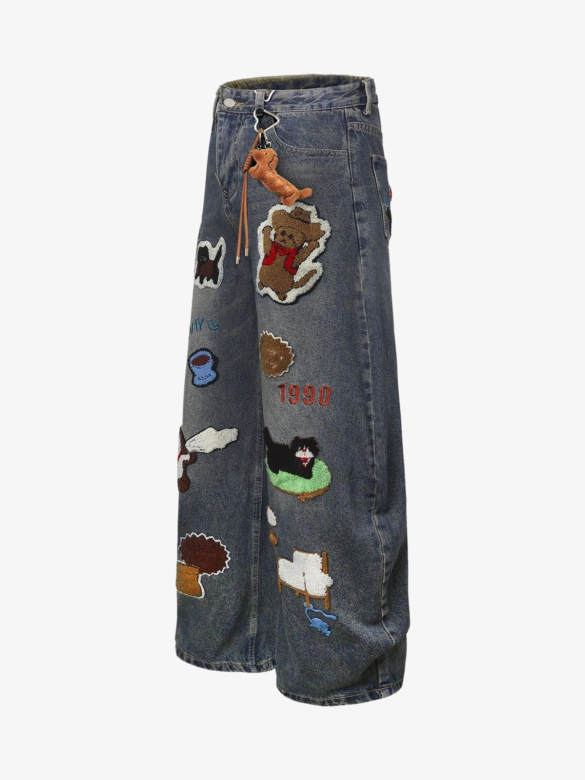 Retro Cartoon Graphic Heavy Embroidery Barrel Jeans