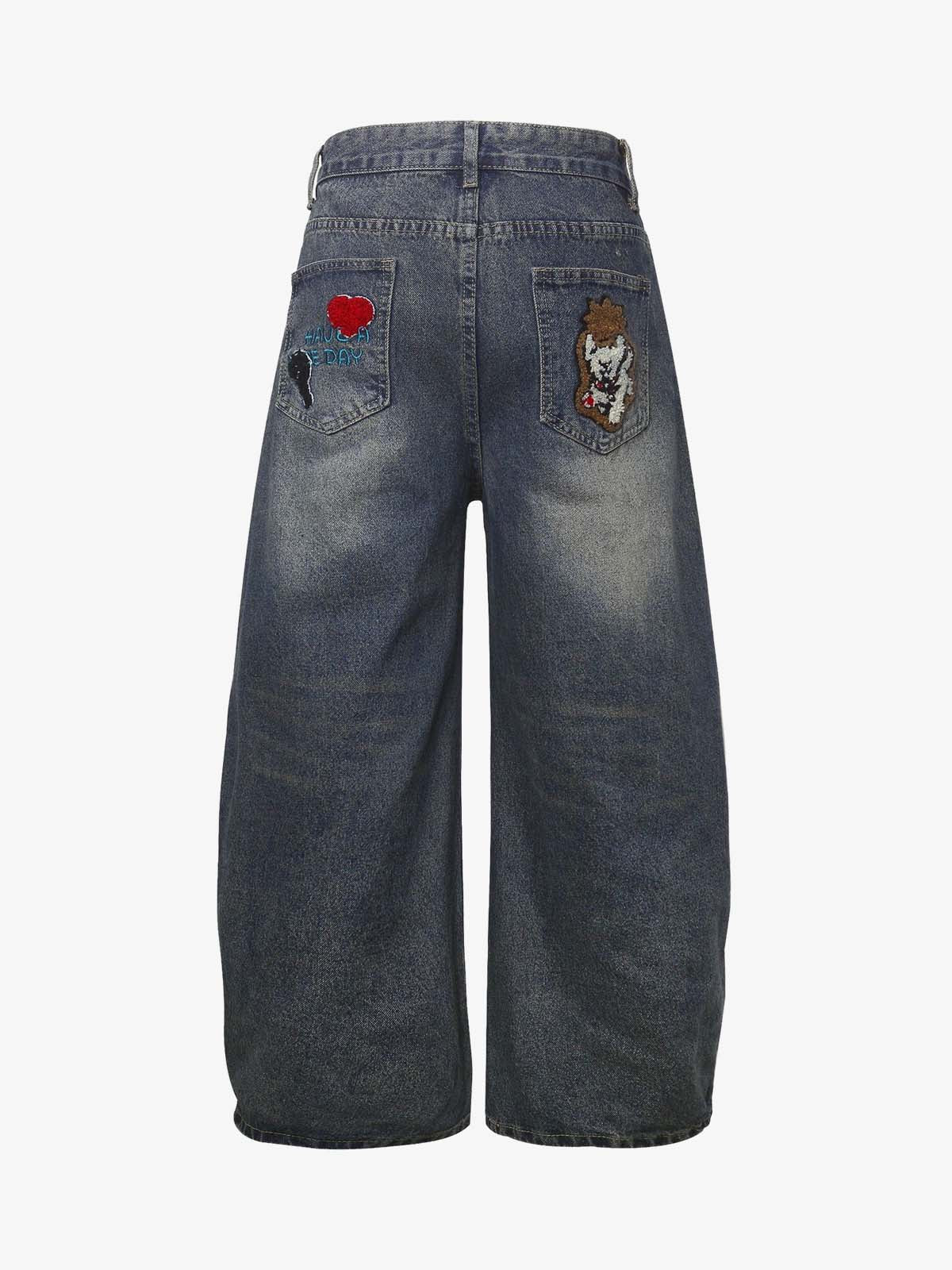 Retro Cartoon Graphic Heavy Embroidery Barrel Jeans