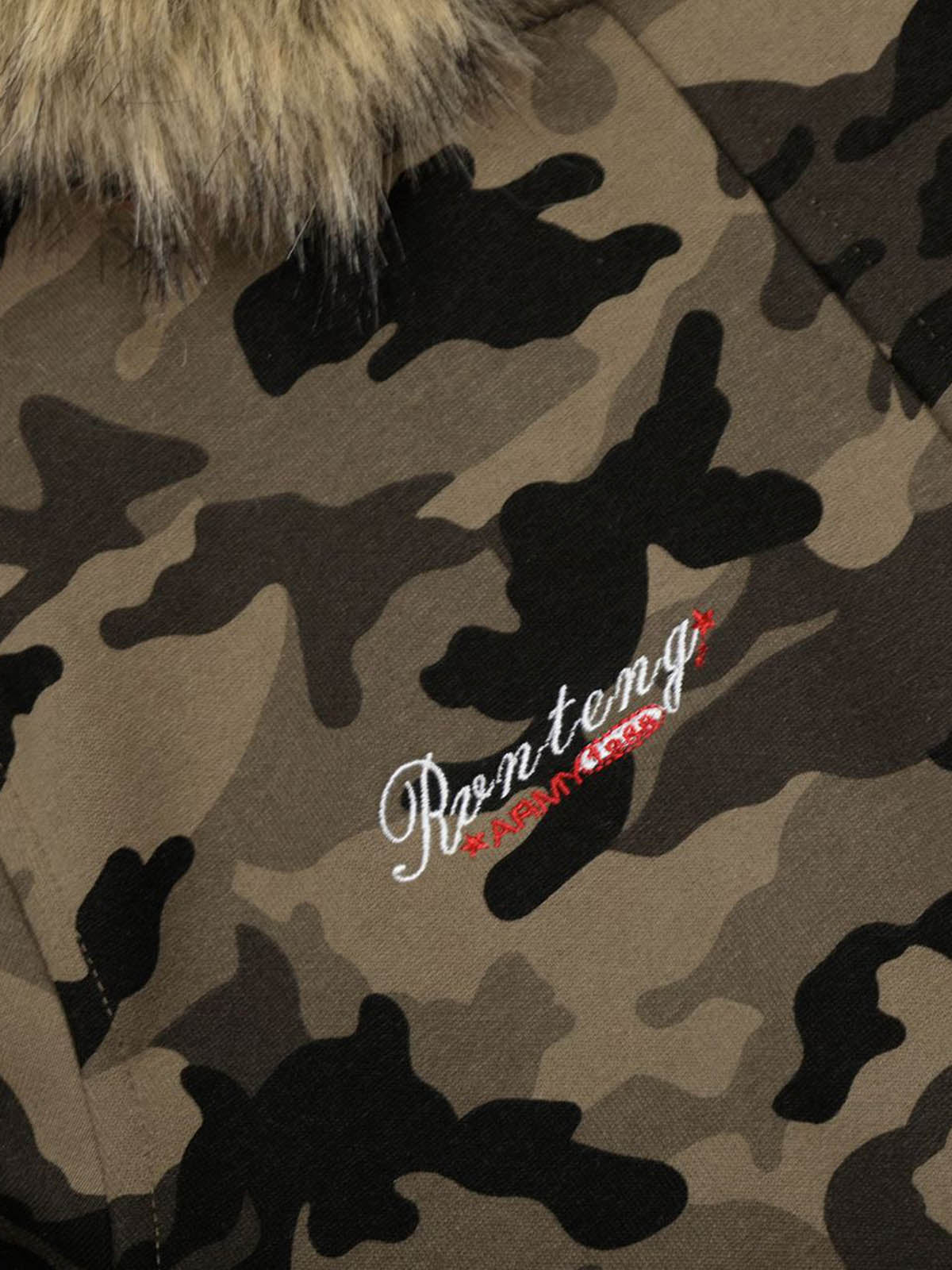 Camouflage Embroidery Patchwork Cardigan Fur Collar Hooded Sweatshirt