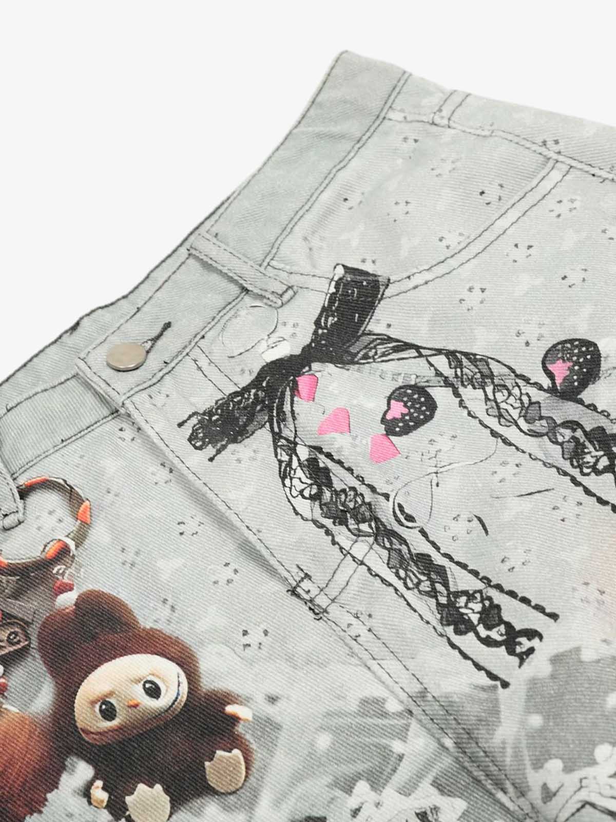 Retro 3D Fun Doll Print Washed Baggy Jeans