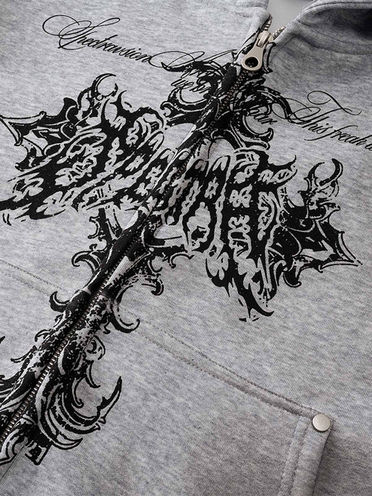 Street Wasteland Washed Cross Print Hooded Sweatshirt