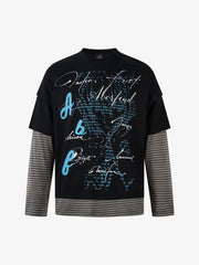 Art Letter Print Stripe Layered Long Sleeve T-Shirt